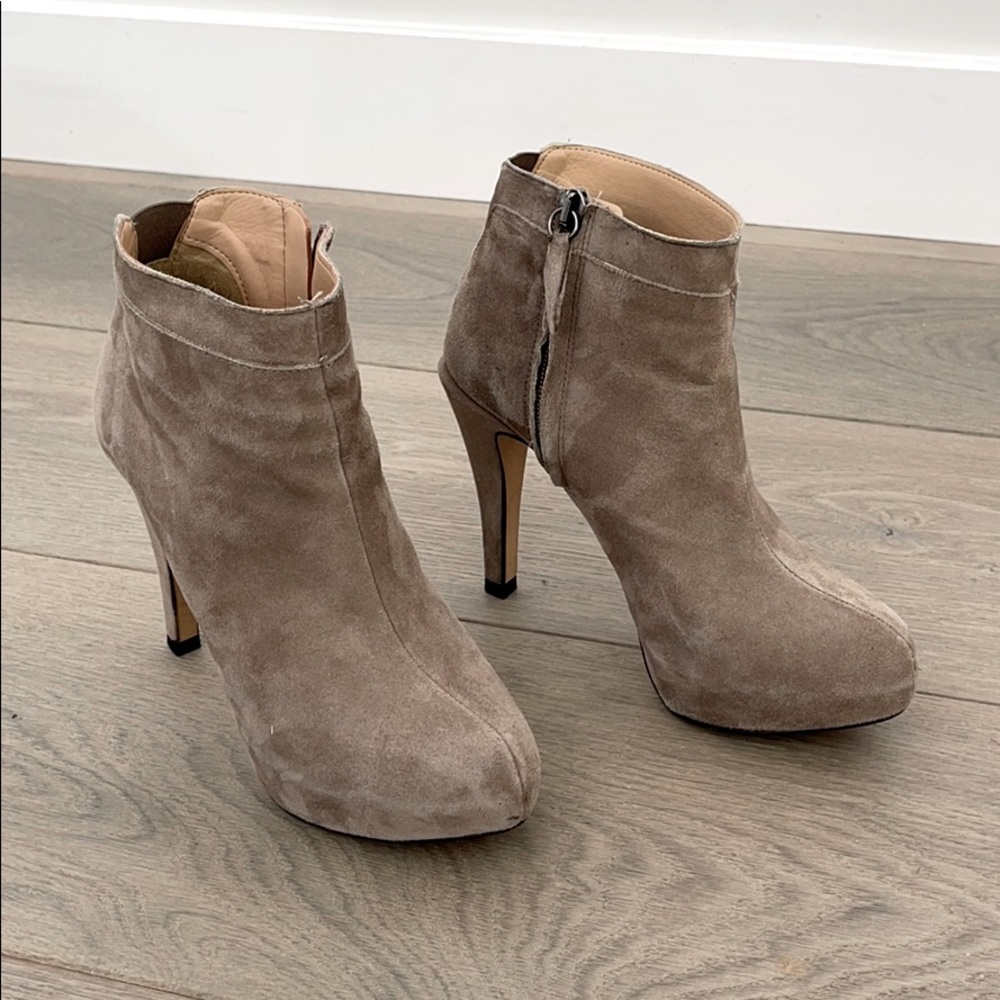 ZARA tan suede high heel ankle boots